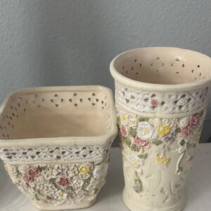 Floral Ceramic Vase & Planter Set Cream with Pastel Accents